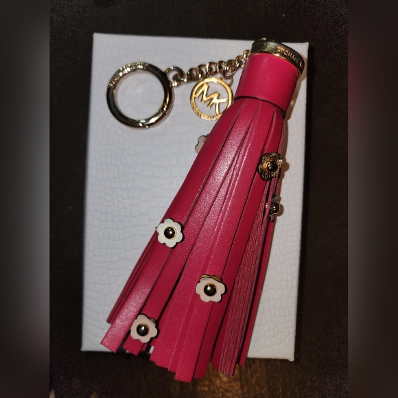 Michael Kors Accessories - MK Michael Kors Leather Tassel Dark Pink Floral Flower Hang Tag Gold Purse Charm